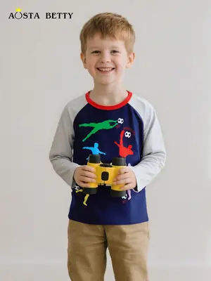 2026 Boys Cartoon Print Long Sleeve T-Shirt Blue White