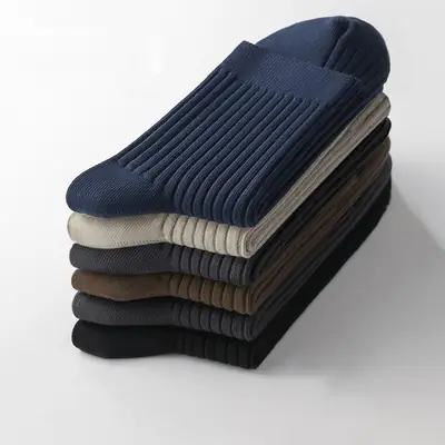 Double-Needle Socks for Men, Mid-Calf Socks, Summer Solid Color Cotton, Breathable, Sweat-Absorbent, Odor-Resistant, Solid Color Business Socks for All Seasons, Autumn and Winter
