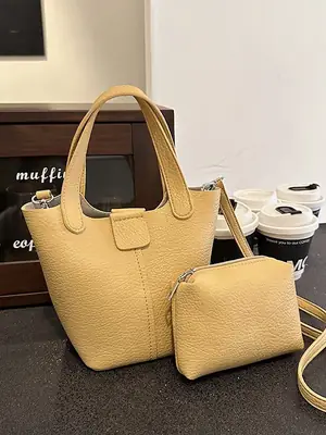 Women's Yellow PU Leather 2-Piece Handbag Set