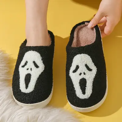 Halloween Pumpkin Skull Cotton Slippers Printed Men's and Women's Autumn and Winter Stuffed Lined Warm Covered Toe Home Indoor Ready Stock