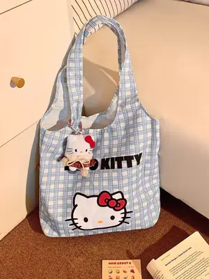 Hello Kitty Canvas Shoulder Bag Blue Checkered Large Capacity