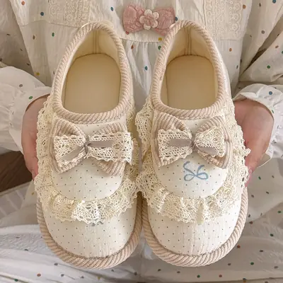 Girly Heart Lace Bow Heel Thin Breathable Spring and Autumn Style Pregnant Women Breathable Ladies Home Confinement Shoes