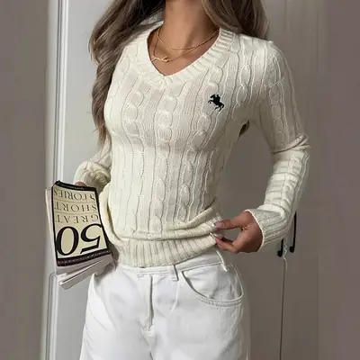 Women's Cream Knitted V-Neck Long Sleeve Pullover