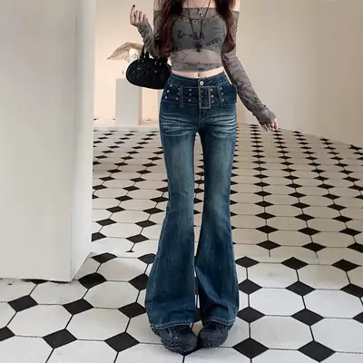 Women Micro-Flared Jeans Spring Autumn Retro Belt Elastic Slim Long Pants