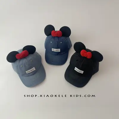 Mickey Mouse Denim Cap Blue Red Bow for Kids