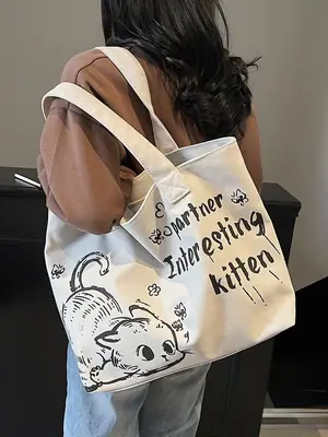 Women Canvas Tote Bag with Cat Print Large Capacity