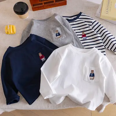 Children's Striped Long Sleeve T-Shirt Bear Print 2025