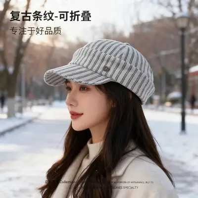 Korean Style Retro Striped Face Hat for Women Spring Autumn