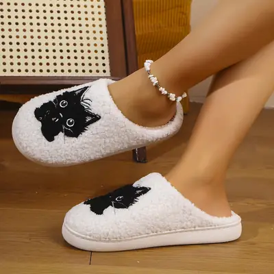 Cross-Border Popular Dropshipping Black Cat Winter Home Men's Cotton Slippers Thickened Plush Women's Indoor Non-Slip Non-Stinky Feet