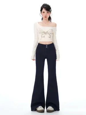 Dark Blue Micro-Flared Jeans for Women 2025