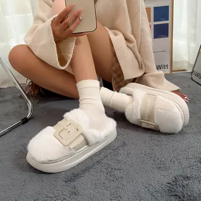 Women Cross-Border Furry Slippers Winter Warm Belt Buckle