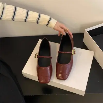 Women's Brown Square Toe Soft Flats French Style Shoes