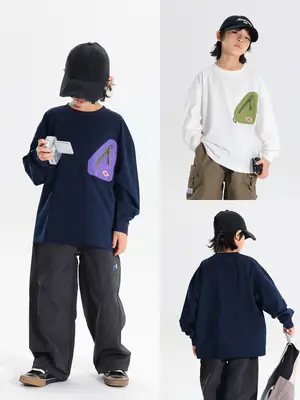 Japanese Style Boys T-Shirt Navy Blue Purple Pocket 2025