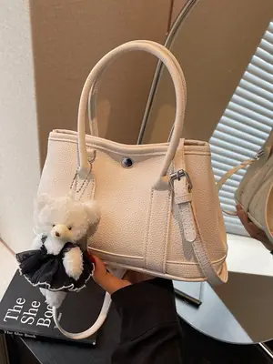 Women's Beige Leather Shoulder Bag with Teddy Bear Accessory