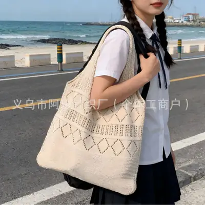 Women Cotton Knitted Mesh Shoulder Bag Large Capacity Summer Casual