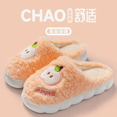 Autumn Winter Embroidered Plush Slippers for Men Women