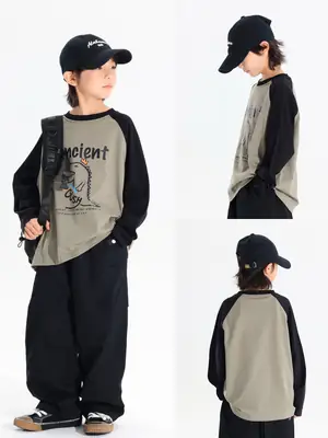 Kids Japanese Print Raglan Sleeve T-Shirt Grey Black 2025