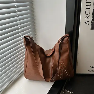 Brown Rivet Shoulder Bag Large Capacity Women