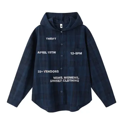 Dark Blue Plaid Hooded Shirt for Women Autumn Letter Print