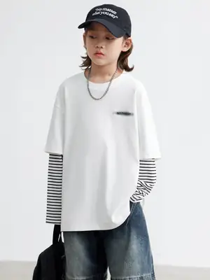 Boys Long Sleeve T-Shirt White Striped Cotton Spring Autumn 2026