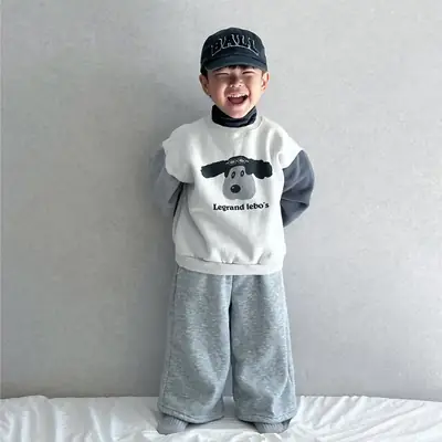 Girls Cartoon Puppy Sweatshirt Spliced Sleeve T-Shirt