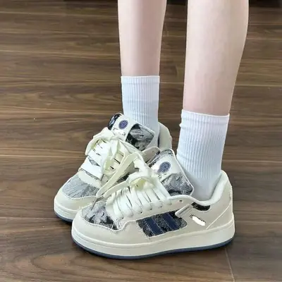 Women Retro Hong Kong Style Denim Sneakers White Cream