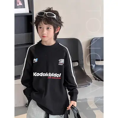 2025 Boys Black Sweatshirt Set Long Sleeve Casual Top