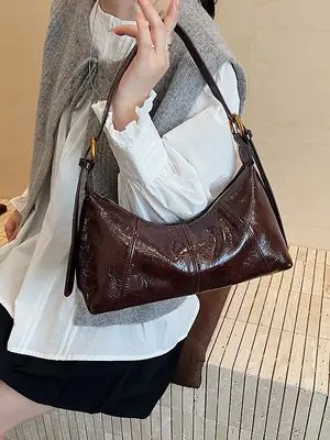 Women's Brown Crocodile-Textured Shoulder Bag 2025