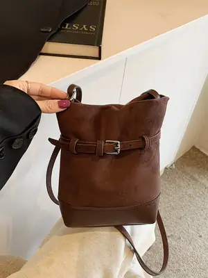 Retro Frosted Bucket Bag for Women Brown
