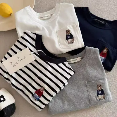 Blue Long Sleeve T-Shirt for Boys with Bear Embroidery