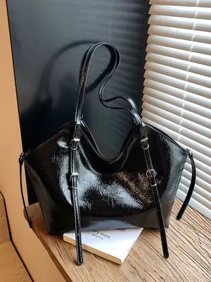 Black Glossy Women's Shoulder Bag with Detachable Strap