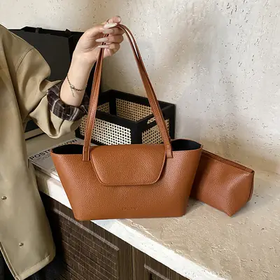 Women Pebbled Leather Tote Bag with Matching Small Shoulder Bag 2026