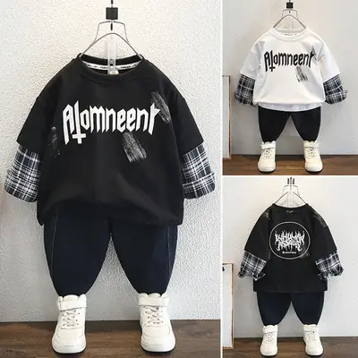 2025 Spring Boys Fake Two-Piece T-Shirt Set Black Plaid