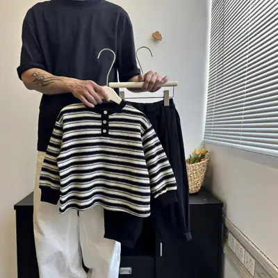 2025 Girls Striped Long Sleeve T-Shirt Set Black White