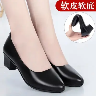 Black Leather Mid-Heel Women's Flat Pumps