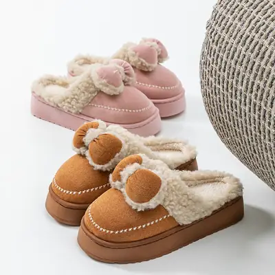 Pink Bow Soft Slippers for Home Winter Warm