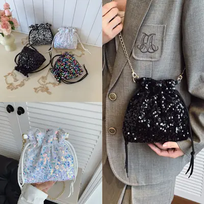 Women Sequined Drawstring Bucket Bag 2025 New Fashion