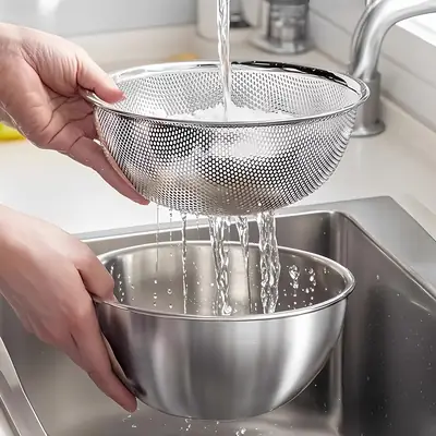 Stainless Steel Sink Drain Basket Kitchen Household New Water Filter Basket Thickeneded Egg Beater Basket Rice Washing Basin Set