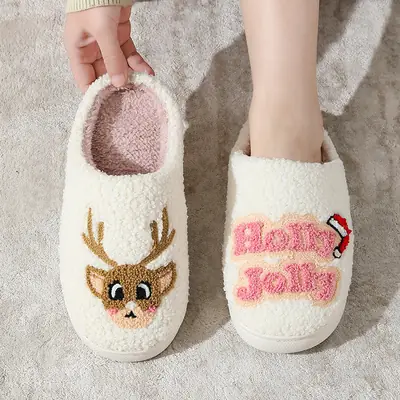 Cross-Border New Home Cute Cartoon Christmas Series Elk Winter Cotton Slippers for Men and Women Couples Warm Slippers