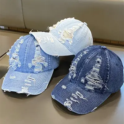 American Retro Washed Denim Distressed Cap for Women