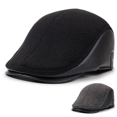 Men's Black Velvet Cotton Peaked Caps for Winter Warm Ear Protection