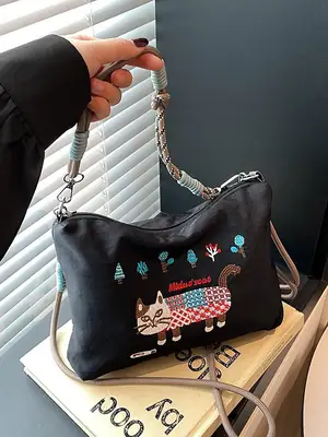 Japanese Style Embroidered Cat Tote Bag Black Waterproof