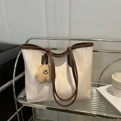 White Leather Shoulder Bag with Brown Strap & Pom Pom Charm