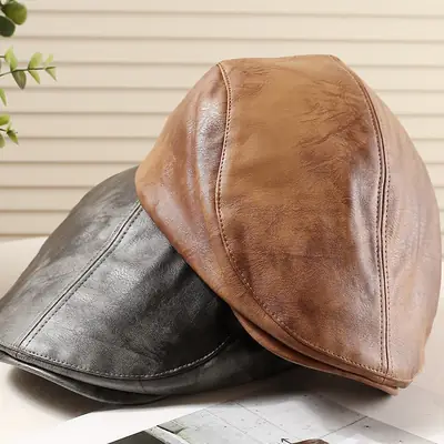 Women Duckbill Cap American Retro PU Leather 2025 Spring