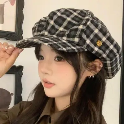 British Retro Plaid Octagonal Hat for Women