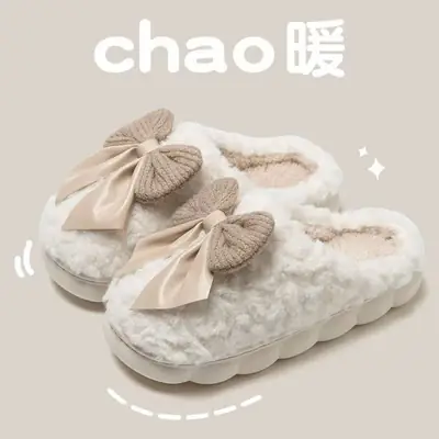 Bow-Knot Cotton Slippers for Women, Autumn and Winter 2025 New Style, Indoor Home Non-Slip, Anti-Odor, Warm Plush Cotton Slippers for Women