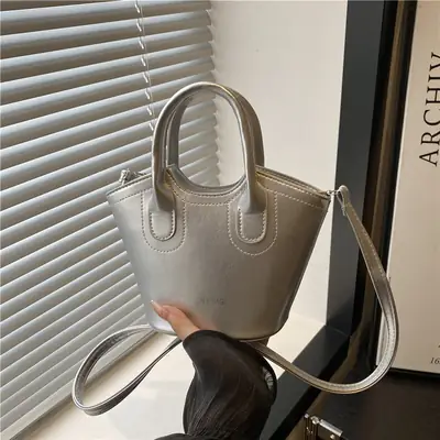Trendy Grey Leather Bucket Bag 2025