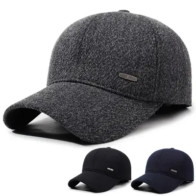 Winter Men's Black Wool Cap with Ear Protection