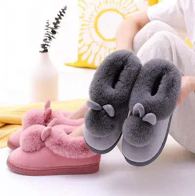 Women's Furry Slippers 2026 Winter New Korean Style Rabbit Fur Indoor Silent Warm Cotton Slippers with Heel Cover