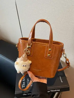 Women Retro Brown Leather Bucket Bag with Bear Charm